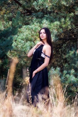 Zarif çekici esmer model iğne yapraklı Park siyah elbise poz