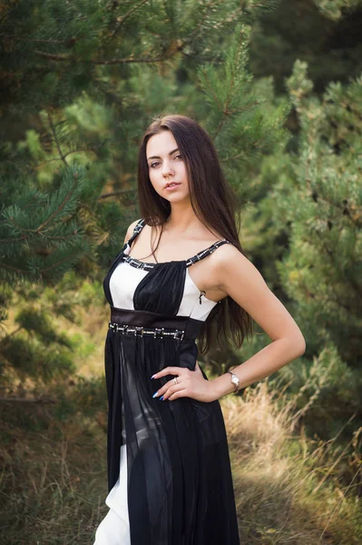 Χαριτωμένη γοητευτικό μελαχρινή μοντέλο ποζάρει σε μαύρο φόρεμα στο πάρκο κωνοφόρων — Φωτογραφία Αρχείου