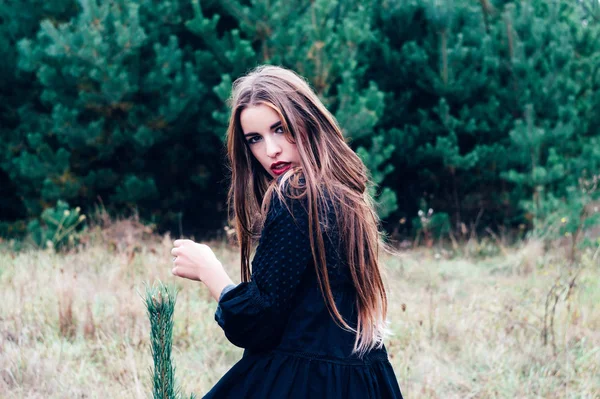 소나무 숲에서 포즈를 취하는 아름 다운 갈색 머리 소녀 — 스톡 사진