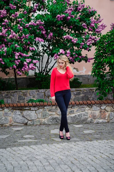 Menina posando contra floração lilás violeta árvore — Fotografia de Stock