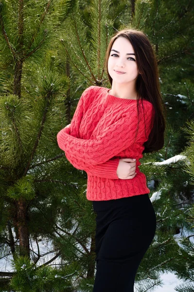Krásná mladá dívka v lese bílou zimní — Stock fotografie