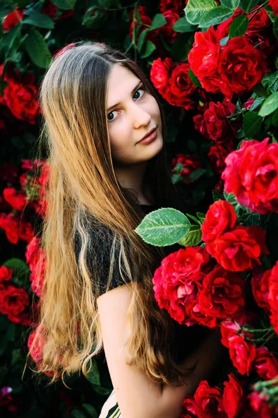 Young beautiful girl circle of flowers — Stock Photo, Image