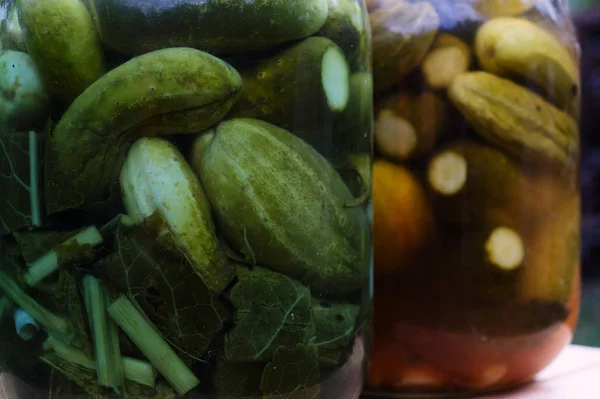 玻璃罐中的自制黄瓜罐头 — 图库照片