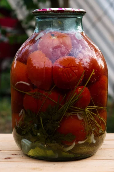 Домашні консервовані помідори в скляній банці — стокове фото