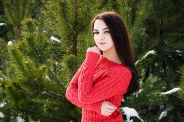 Beyaz kış orman içindeki güzel genç kız