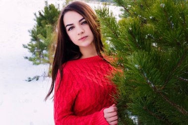 Beyaz kış orman içindeki güzel genç kız