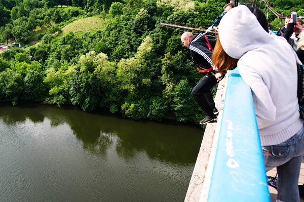 Zhytomyr, Ukraine - May 30, 2015: Extreme jump from a 42 m high pedestrian bridge