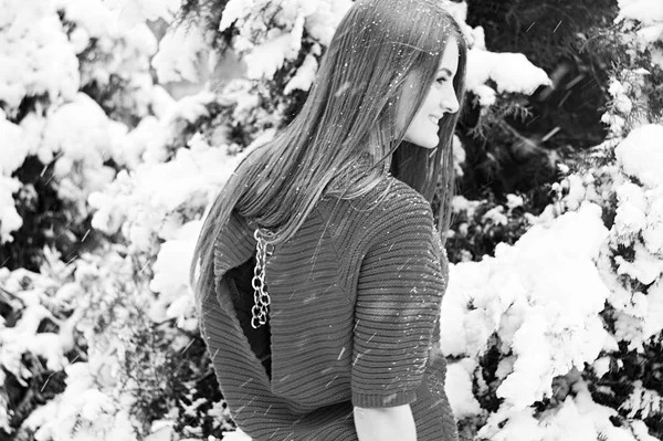 Chica en un suéter en un parque cubierto de nieve en invierno . —  Fotos de Stock