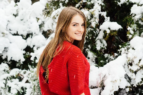 Chica en un suéter en un parque cubierto de nieve en invierno . — Foto de Stock