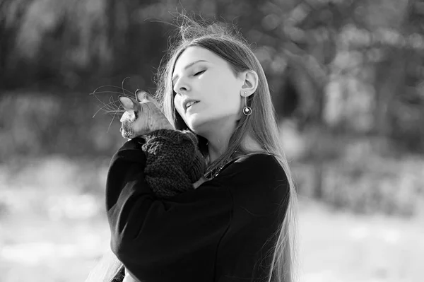 Hermosa joven con gato raza Don esfinge en sus manos en invierno en el parque. —  Fotos de Stock