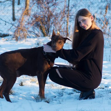 Genç güzel kız onun köpek Doberman doğurmak ile bir kış parkta yürüyüş