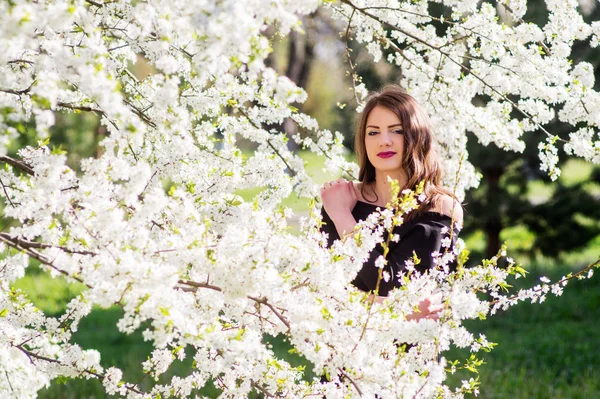 Modelo Moda Está Vestida Con Vestido Elegante Negro Pie Floreciente — Foto de Stock