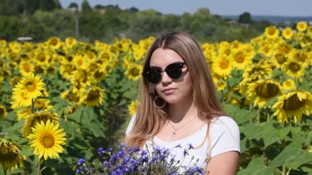 Vacker ung flicka i mitten av ett fält av blommande solrosor med en bukett av blå vildblommor. — Stockvideo