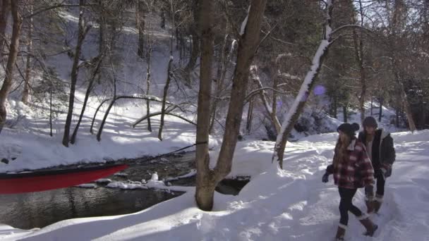 Dos Muchachas Que Caminan Través Nieve Hacia Hamaca Mientras Que — Vídeo de stock