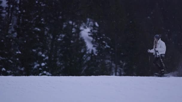 Twee Jonge Vrouwen Sneeuwschoenwandelen Heuveltop Als Het Sneeuwt Schemering Bergen — Stockvideo