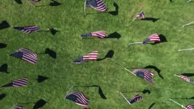 Yükselen manzara parktaki Amerikan Bayraklarına bakarak dönüyor..