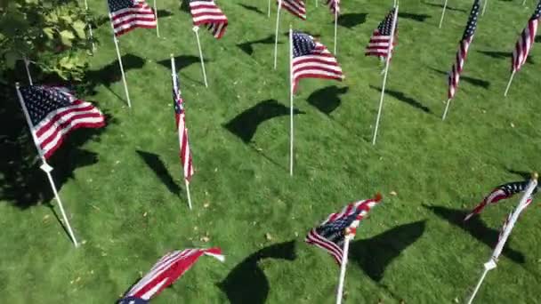 Vista Aerea Guardando Verso Basso Bandiere Americane Sventolando Lentamente Sopra — Video Stock