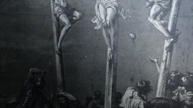 İsa Mesih 'in çarmıha gerilme sahnesinin izi sürülüyor. Eski ahit, eski çizim. Bu gravür eski bir 1892 resimli aile incilinden. Paskalya Hikayesi.