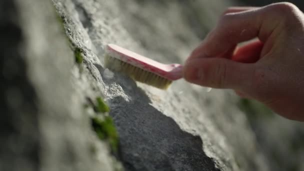 Close Person Brushing Rock Chalk Prepping Finger Holds Climb Boulder — Stock Video