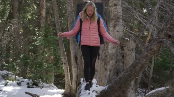 彼女は滑らないように安全に川の上に雪に覆われたログを歩くように女性のバランスをとると秋 — ストック動画