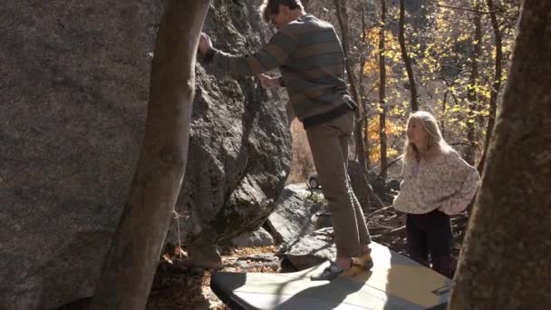 Man Woman Prepare Climb Boulder Making Sure Safe — Stock Video