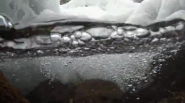 Kış boyunca nehrin üstünde ve altında nehir manzarası nehirde kabarcıklar ve kıyıda kar ve buz.