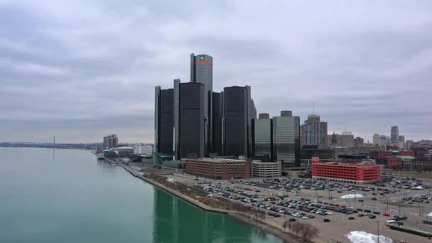 Vista Aérea Del Centro Detroit Desde Otro Lado Del Río — Vídeos de Stock