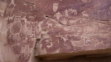 Dokuz Mil Kanyonu 'nda, diğer hayvanlarla ve Utah Çölü' ndeki insanların oymalarıyla çevrili petroglyph taraması yapmak..