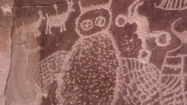Utah Çölü 'ndeki Nine Mile Kanyonu' ndaki kayalara oyulmuş baykuş petroglyph 'e yakından bakın..