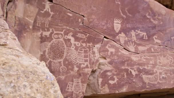 Het Bekijken Van Petroglyph Paneel Terwijl Het Licht Sneeuwt Utah — Stockvideo