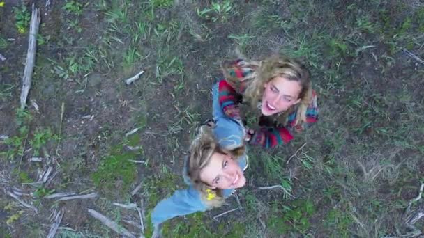 Young Women Looking Camera Smiling Twirling Drone Flies High Air — Stock Video