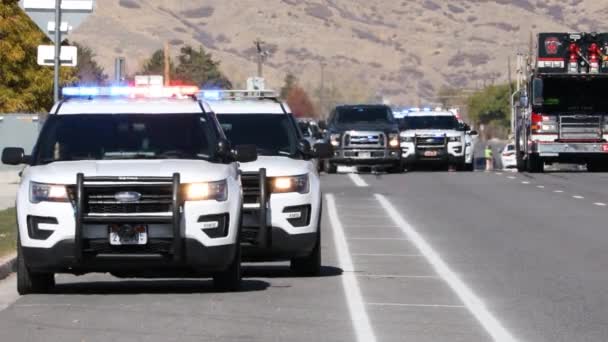 Circa October 2019 Highland Utah Emergency Vehicles Lights Blocking Road — Stock Video