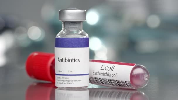 Antibióticos Vial Escherichia Coli Coli Laboratorio Medial Girando Lentamente — Vídeo de stock