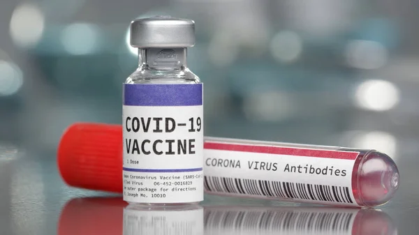 Tıp laboratuarında Covid-19 Aşı ve Coronavirus antikorları şişeleri