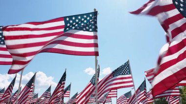 Güneşli bir günde rüzgarda dalgalanan Amerikan Bayrağı ekranında dalgalanıyor.