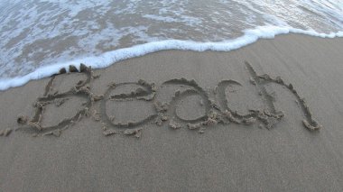 Kumsaldaki dalgaların kumsala vurduğu kumsalda yazılı..