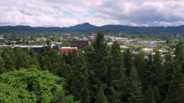 Yükselen hava manzarası Eugene Oregon 'u ağaçların arkasından gösteriyor..