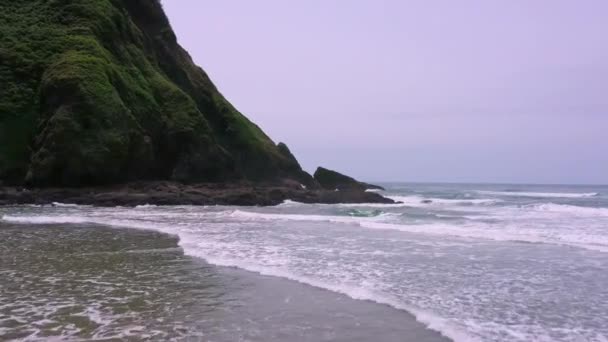 Laag Het Strand Vliegend Langs Golven Die Neerstorten Rotsen Aan — Stockvideo