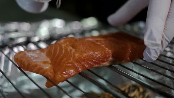 Cozinhar filetes de salmão filetes de estoque alimentos — Vídeo de Stock