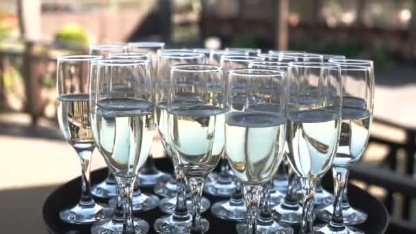 Slow Motion van Ober Champagne om paar verliefd met luxe Lunch op zandbank — Stockvideo