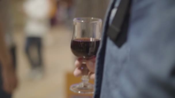 Un gros plan de quelqu'un versant un verre de vin . — Video