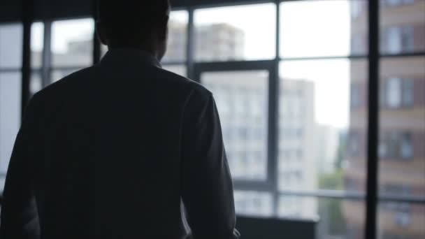 Business man puts on his jacket. Businessman dressed. Silhouette of a businessman on the background of the window. Handsome man preparing for a business meeting. — Stock Video