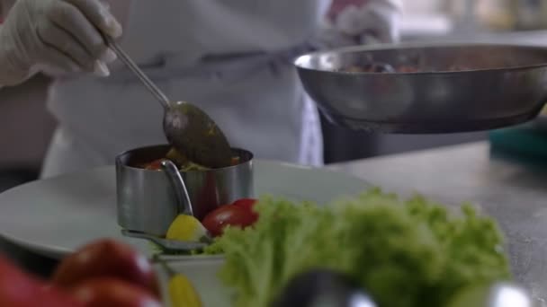 Nahaufnahme eines Küchenchefs, der ein Fischgericht mit einem Tropfen Öl auf seinem professionellen Arbeitsplan zubereitet und das Gericht der Kamera zeigt — Stockvideo