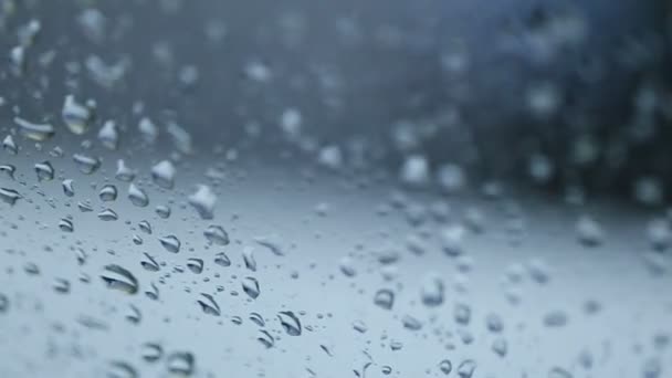 Rain Rain, Go Away. Grandes gotas de lluvia golpean el cristal de una ventana durante una ducha de verano — Vídeo de stock