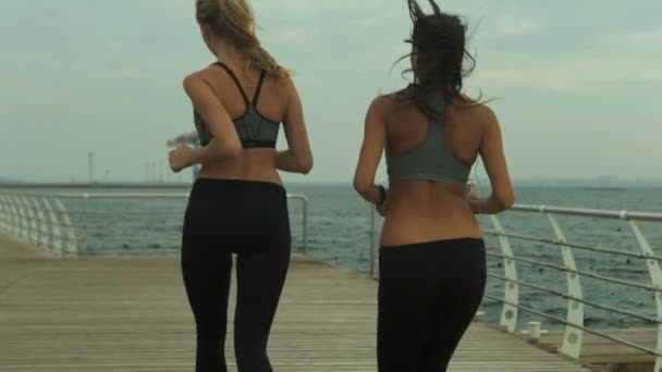 Beste vrienden samen hardlopen, dragen van soortgelijke sport kleding en luisteren naar muziek. — Stockvideo