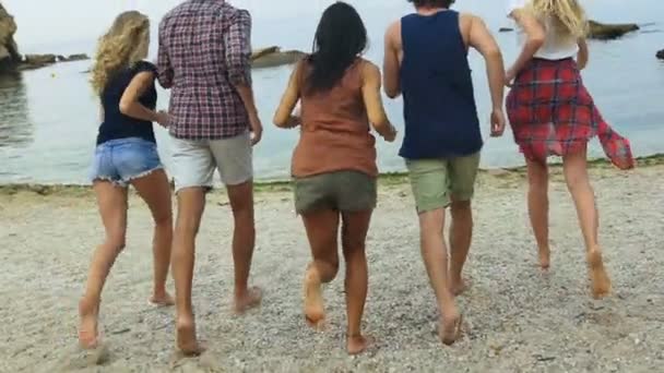 Five friends running on the beach. — Stock video