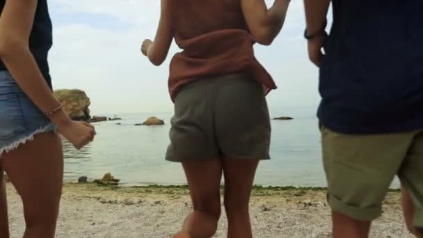 Fünf Freunde laufen auf Sand. — Stockvideo