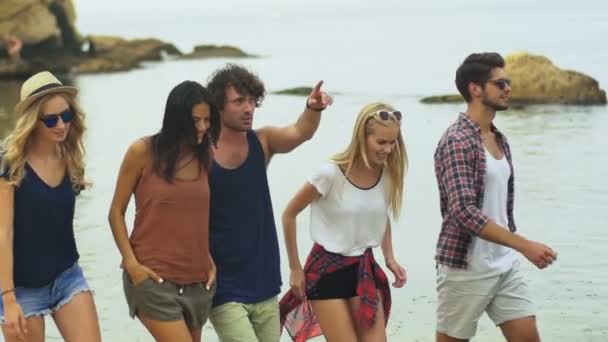 Five friends walking on beach. — Stockvideo