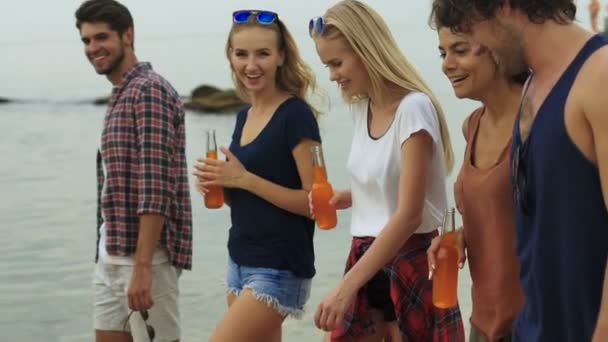 Fünf Freunde trinken Bier am Strand. — Stockvideo