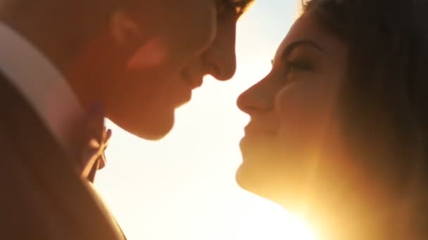 屋外にとどまると日が沈む中、お互いのキスの新郎新婦. — ストック動画